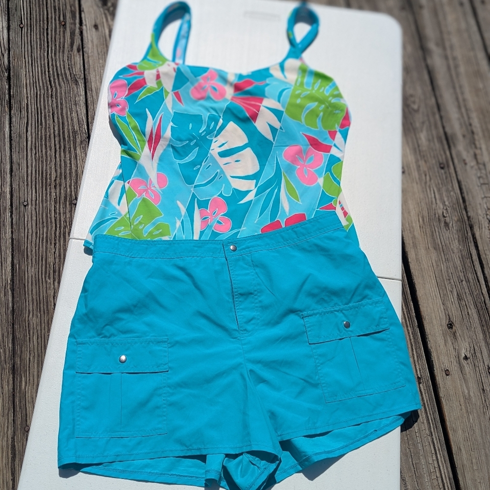 Kim Rogers Tropical Floral Print Swimsuit Top with Blue Shorts